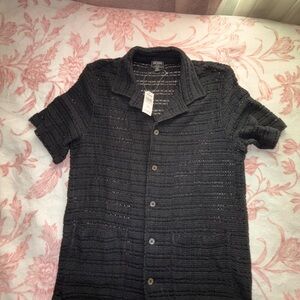 Todd Snyder Black Crocheted Short Sleeve Button-Up